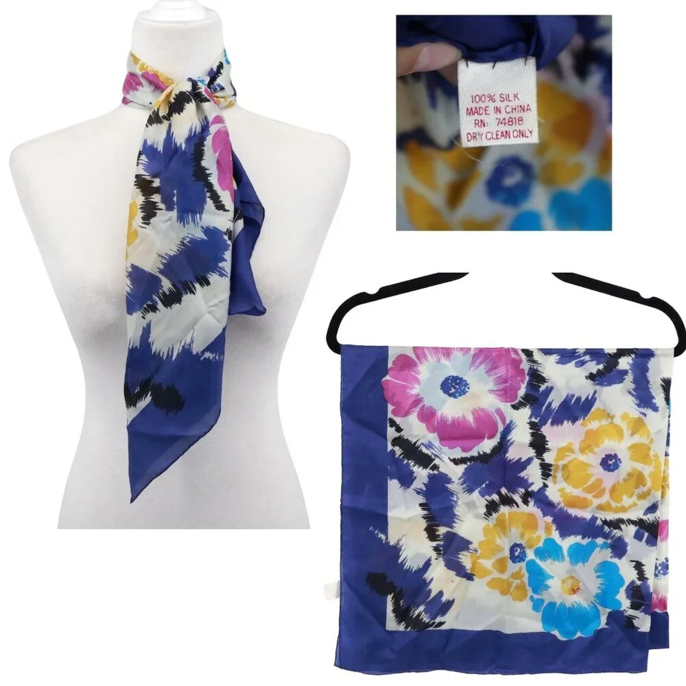 Vintage Silk Scarf Blue Bloomcore Boho Cottage Polished Colorful‎ Artsy Elegant
